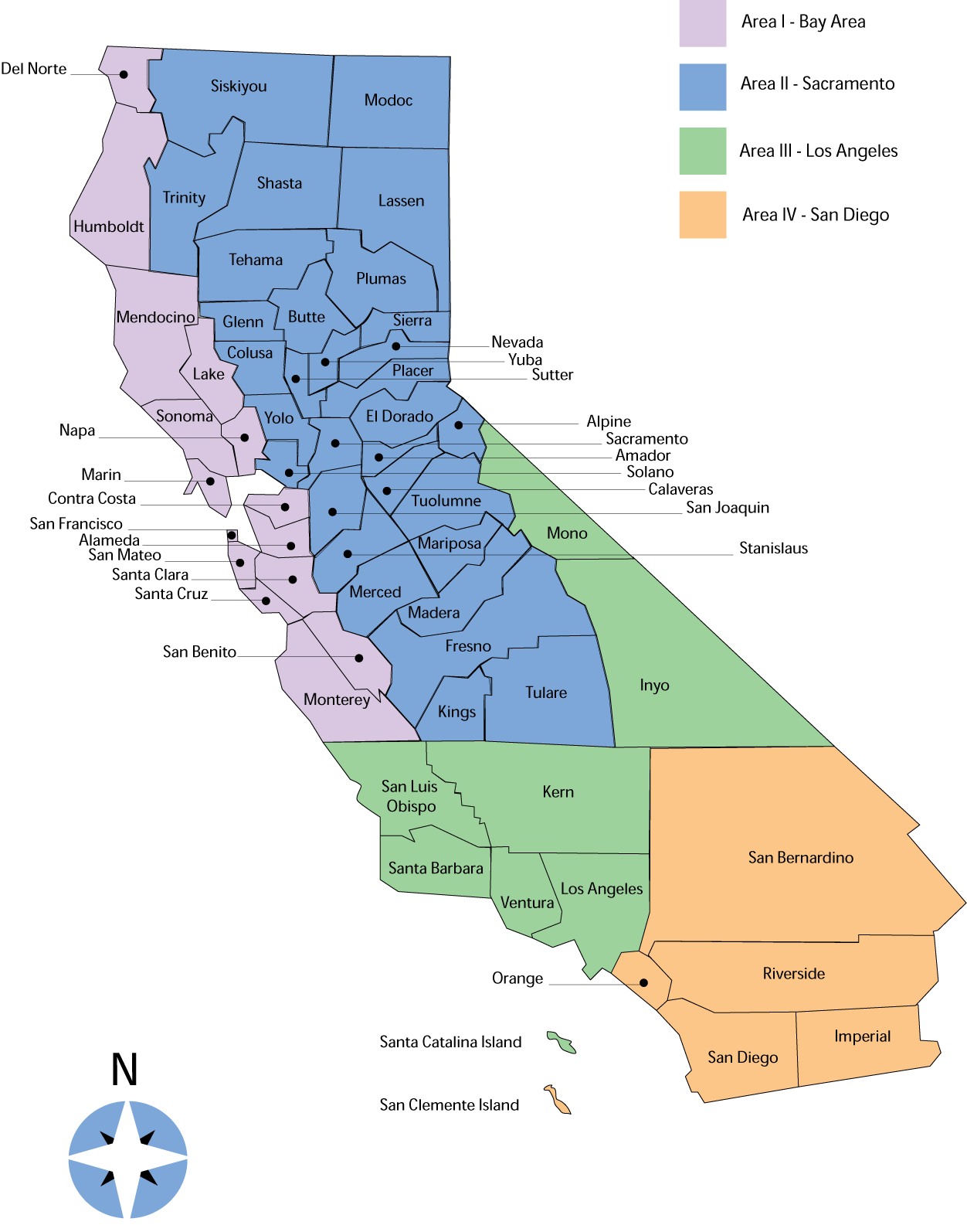 DSA Regions Map: Area 1-Bay Area, Area 2-Sacramento, Area 3-Los Angeles, Area 4-San Diego