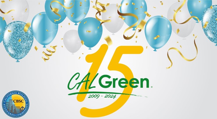 The number 15 overlaid with the CALGreen logo on a background with blue and white balloons and gold streamers