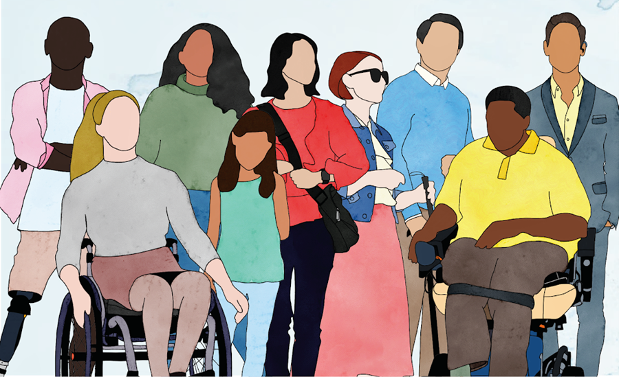 Nine people with no faces and a variety of disabilities