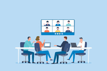 Cartoon picture of people sitting at a meeting table with virtual people on the television in front of them