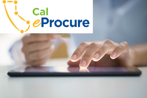 person holding credit card ordering on a tablet Cal eProcure logo