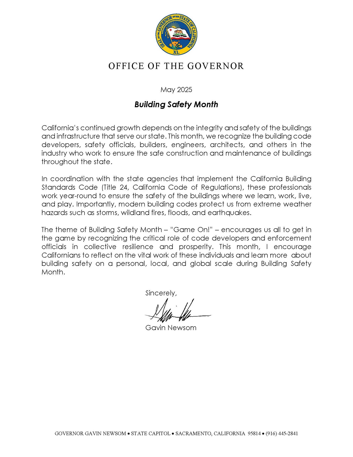 Building Safety Month 2025 Letter from Governor