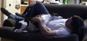 Tom and his dog on a couch