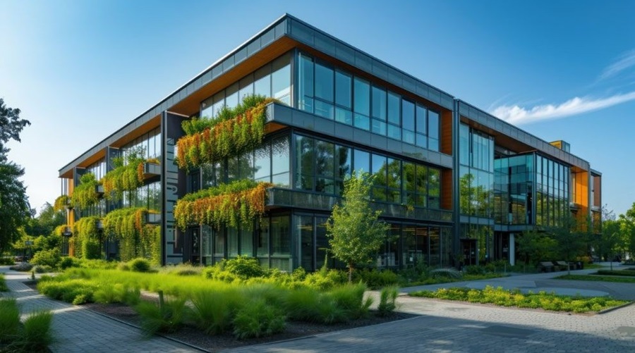A modern office building with greenery 