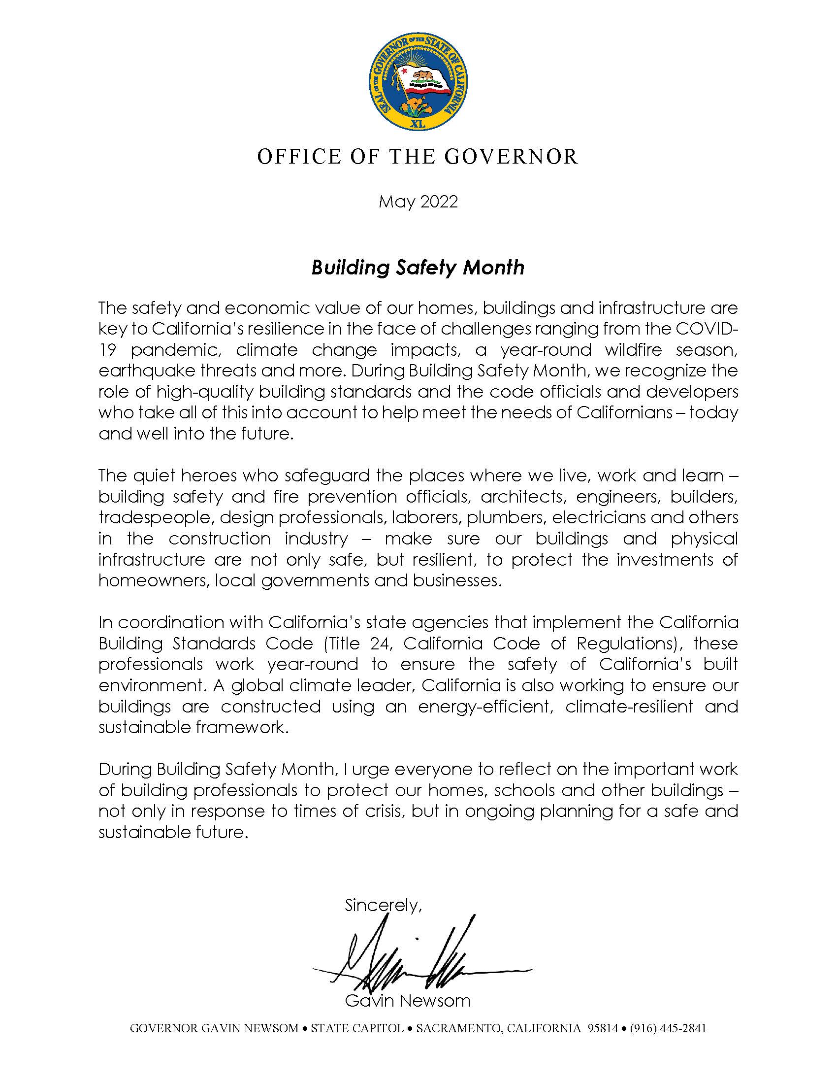 2022 Building Safety Month declaration signed by governor