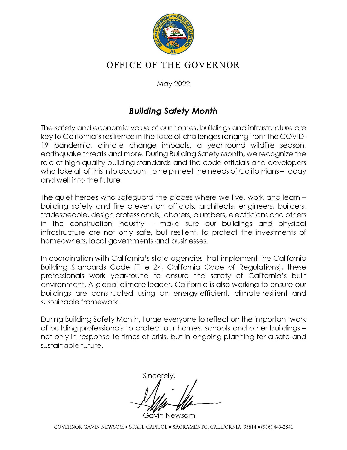 2022 Building Safety Month declaration signed by governor