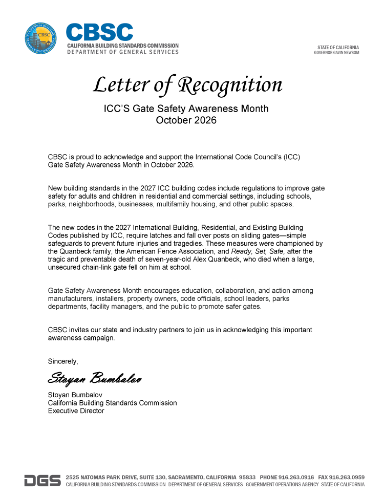 CBSC Letter to ICC in recogniation of Gate Safety Awareness Month
