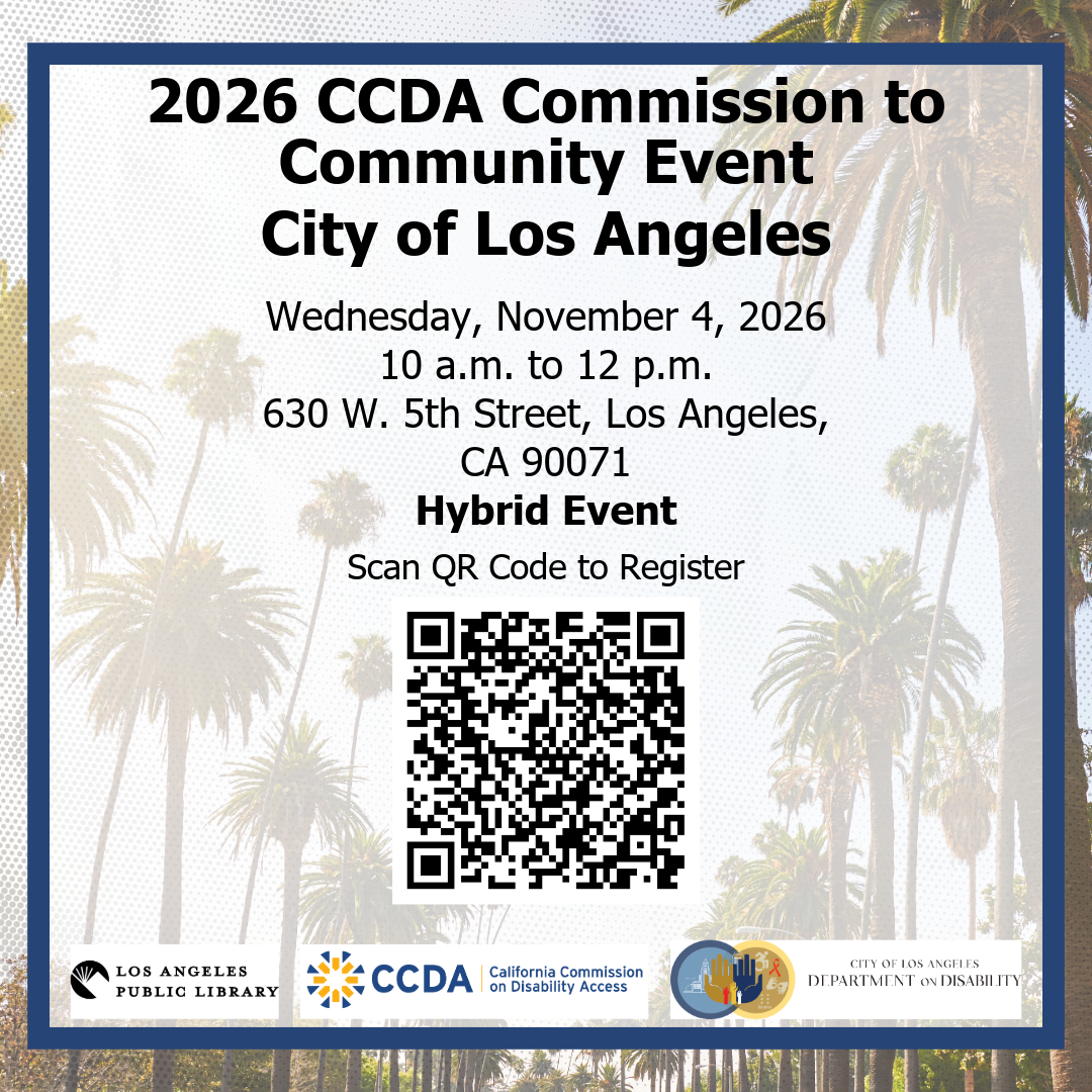 2026 CCDA Commission to Community Event City of Los Angeles. This flyer features a graphic of palm trees and has a quick response code to register.