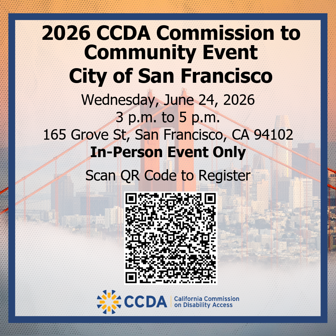 2026 CCDA Commission to Community Event City of San Francisco. This flyer features a graphic of the Golden Gate Bridge and has a QR code to register.