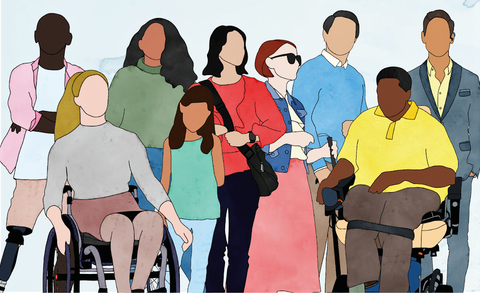 Nine people with no faces and a variety of disabilities