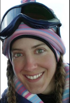 Jamie Marso-Tanner pink striped beanie and snow googles