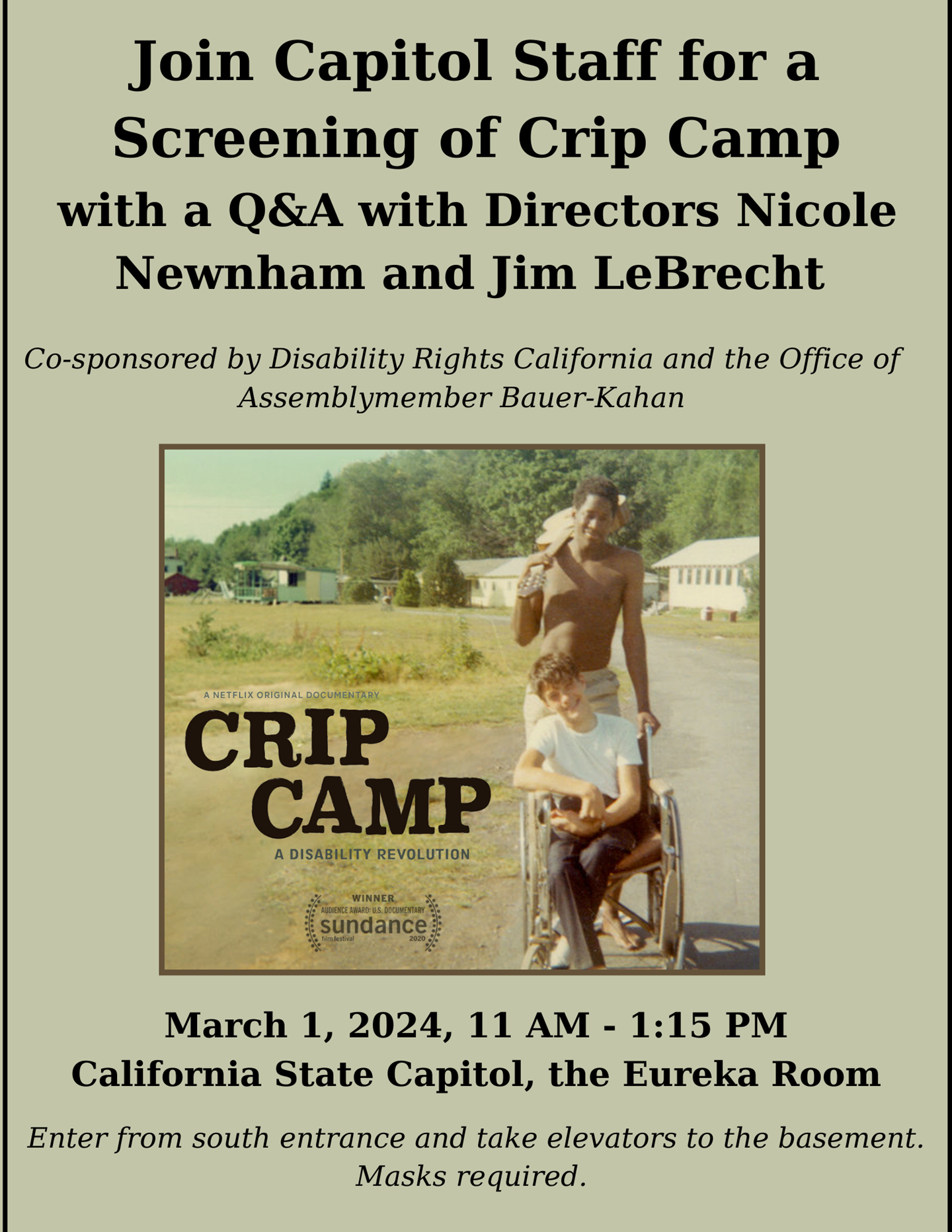A flyer promoting the screening of Crip Camp at the California State Capitol Building in the Eureka Room