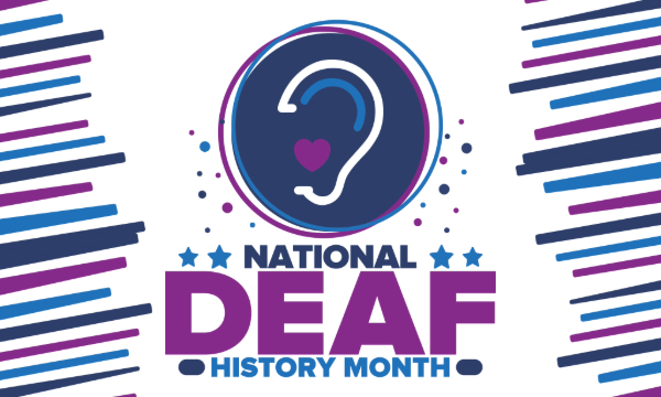 A picture reading National Deaf History Month with a symbol of an ear above the wording.