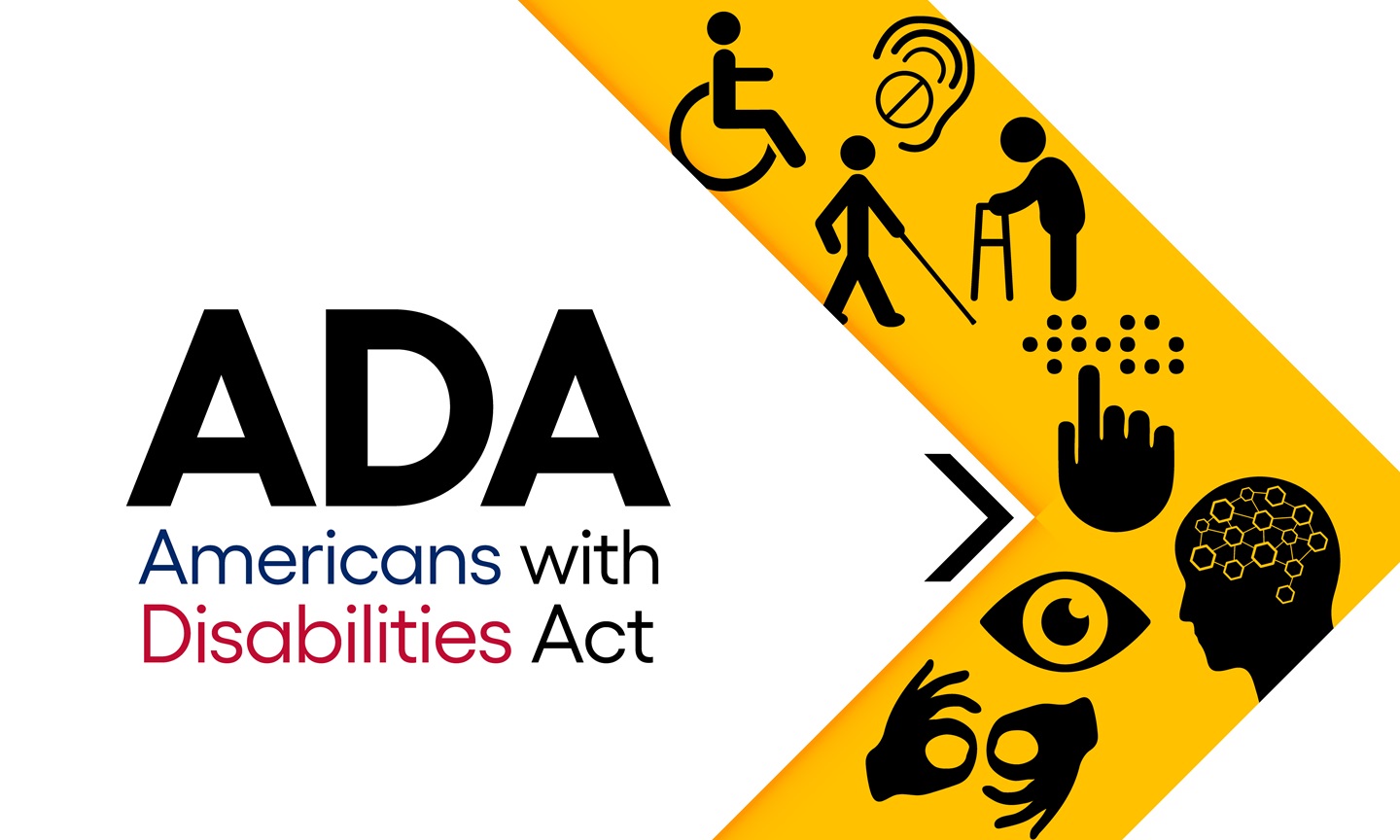 Texts: ADA - Americans with Disabilities Act next to various pictures of disability icons