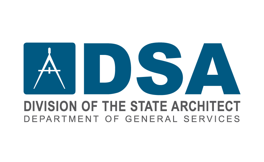 DSA Logo: Blue cube with old architectural drawing tool in the center. Division of the State Architect, Department of General Services written below.