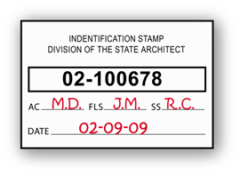 Construction Project Identification stamp image for AC FLS and SS plan reviewer's initials.