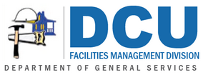 D C U in blue with logo made of construction tools