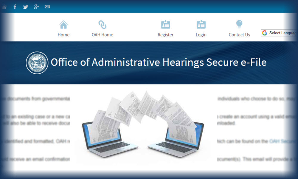 an image of the OAH Secure e-File webpage with two computers transferring documents