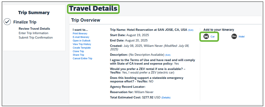 Concur screen shot Travel details