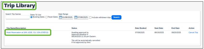 Concur Screen shot trip library 