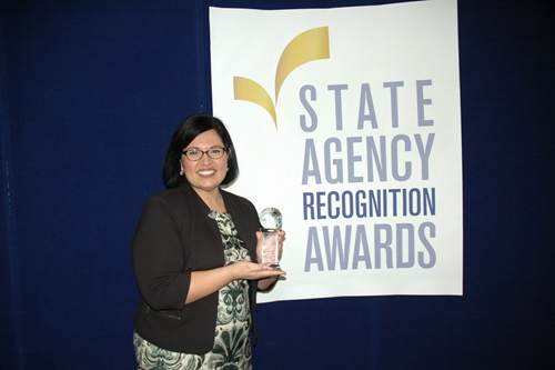 Alice Rodriguez accepts the Richard G. Polanco Diversity outreach award for the California High-Speed Rail Authority