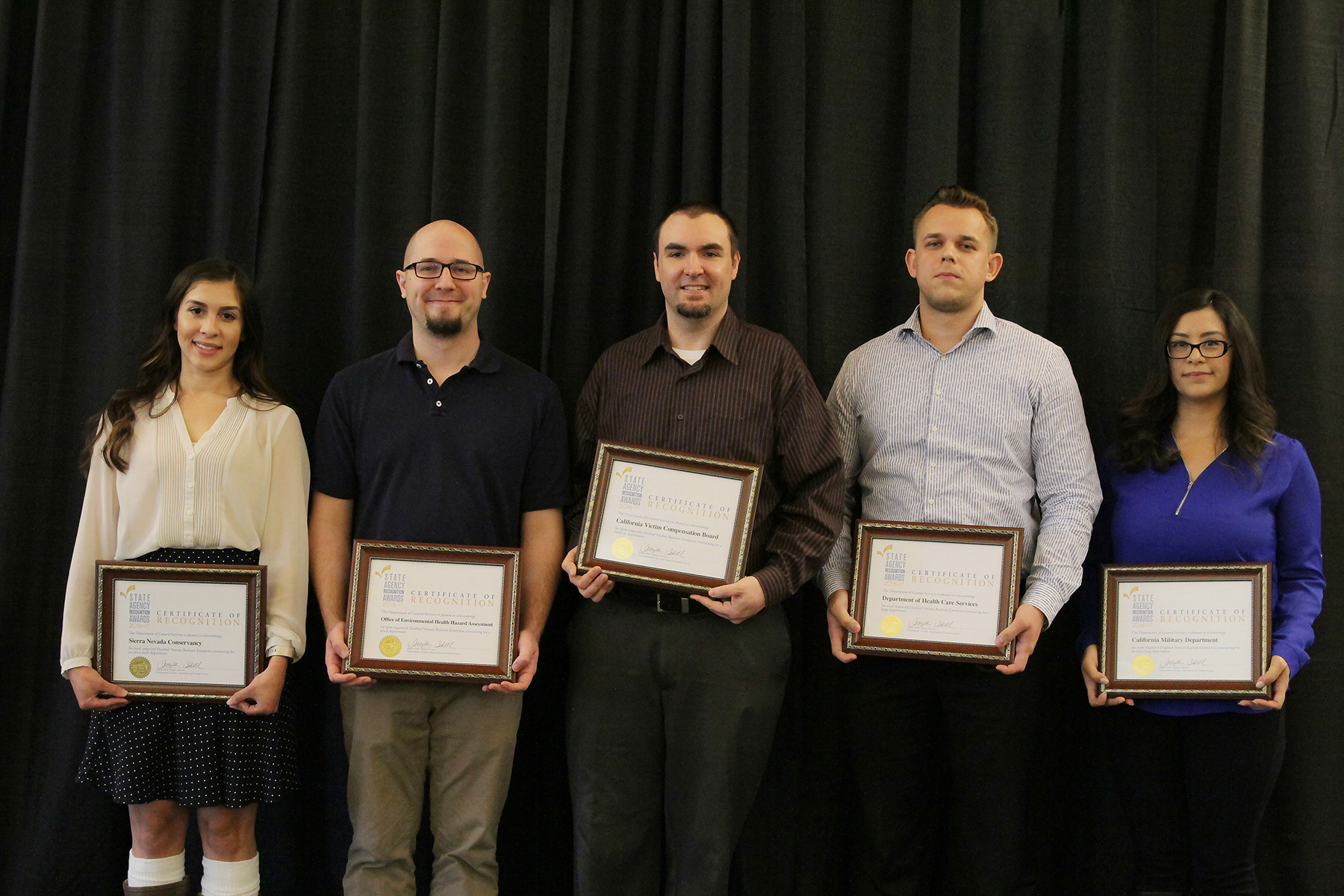 A photo of all the most improved disabled veteran business enterprise participation awardees. Pictured from left to right: Amanda Grant, Anthony Picciano, Ryan Metzer, Max Lyulkin, and Sandy Villalobos.