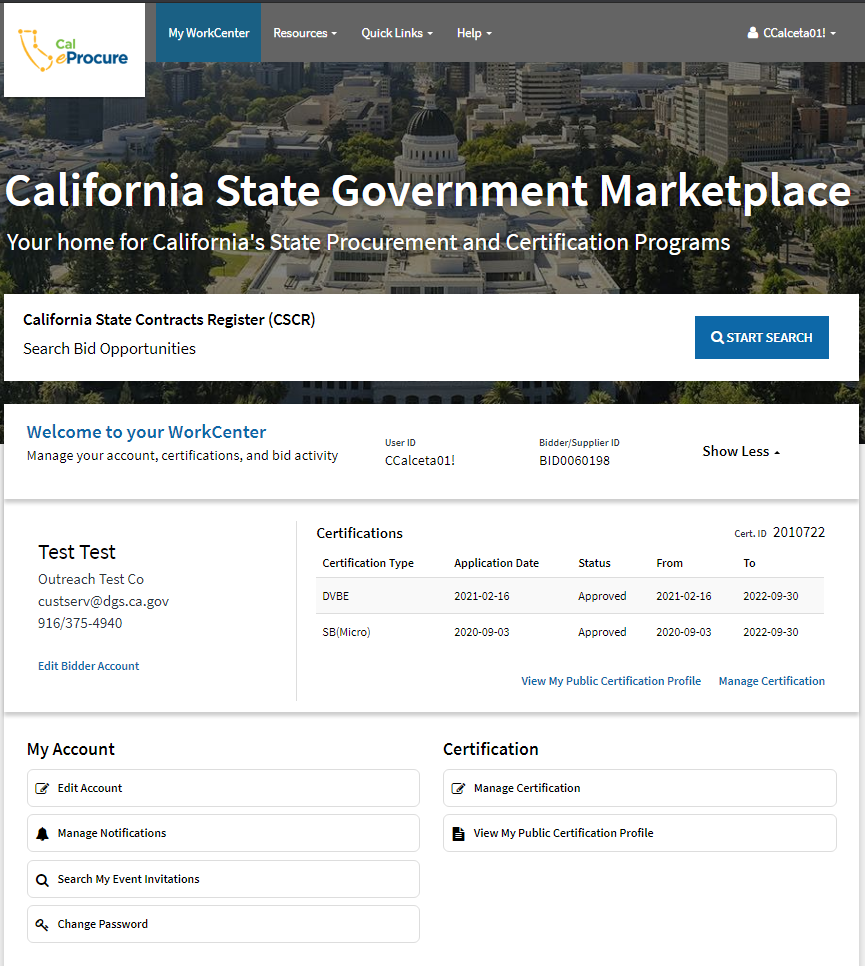 Cal eProcure WorkCenter Web page
