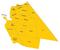 Image of Central California Region with counties outlined and labeled with a yellow background. Counties include: San Joaquin, Amador, Alpine, Stanislaus, Calaveras, Tuolumne, Mono, Merced, Santa Cruz, Merced, Mariposa, Madera, San Benito, Fresno, Kings, Tulare, Inyo, Monterey, San Luis Obispo, and Kern. 