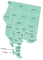 Map of northern california counties outlined and labeled in green which include: Del Norte, Siskiyou, Modoc, Humboldt, Trinity, Shasta, Lassen, Mendocino, Tehama, Plumas, Butte, Glenn, Lake, Colusa, Sutter, Yuba, Sierra, Nevada, Placer, Sutter, Colusa, Lake, El Dorado, Yolo, Napa, Sonoma, Solano, Marin, Contra Costa, Alameda, San Francisco, San Mateo, Santa Clara. 