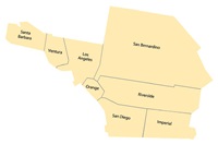 Map of Southern California counties outlined and labeled in yellow which include the following: Santa Barbara, Ventura, Los Angeles, San Bernardino, Orange, Riverside, San Diego, and Imperial. 