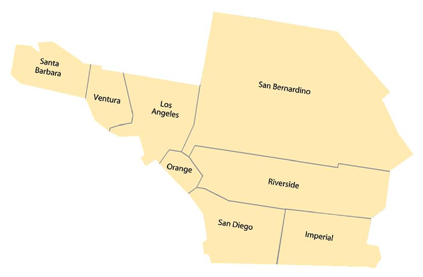 Map of Southern California counties outlined and labeled in yellow which include the following: Santa Barbara, Ventura, Los Angeles, San Bernardino, Orange, Riverside, San Diego, and Imperial. 