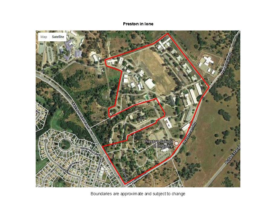 Aerial View of Preston Youth Facility with Property Boundaries Outlined and a title above the image that says Preston in Ione.