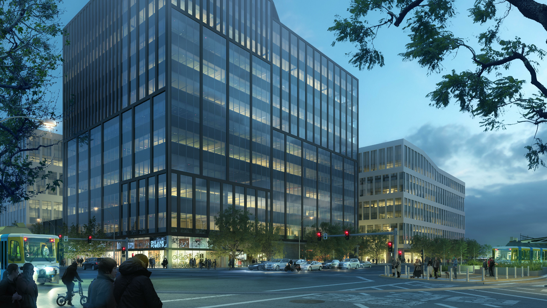 Rendered view of Richard's Boulevard Office Complex at dusk