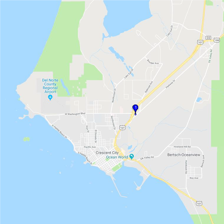 Map of Crescent City CHP with Blue Pinpoint Near Highway 101