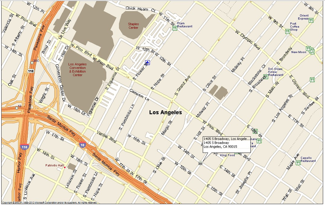 Map of Downtown Los Angeles with Callout Bubble pointing to location of Employment Development Department Building