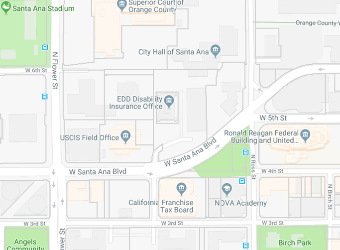 Google Map image of the location of Santa Ana State Building in respect to surrounding buildings and streets. 