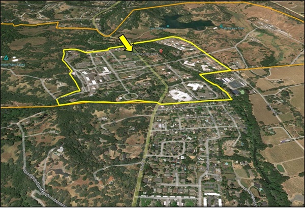 Aerial view of the Sonoma Developmental Center with outline of the Core Campus