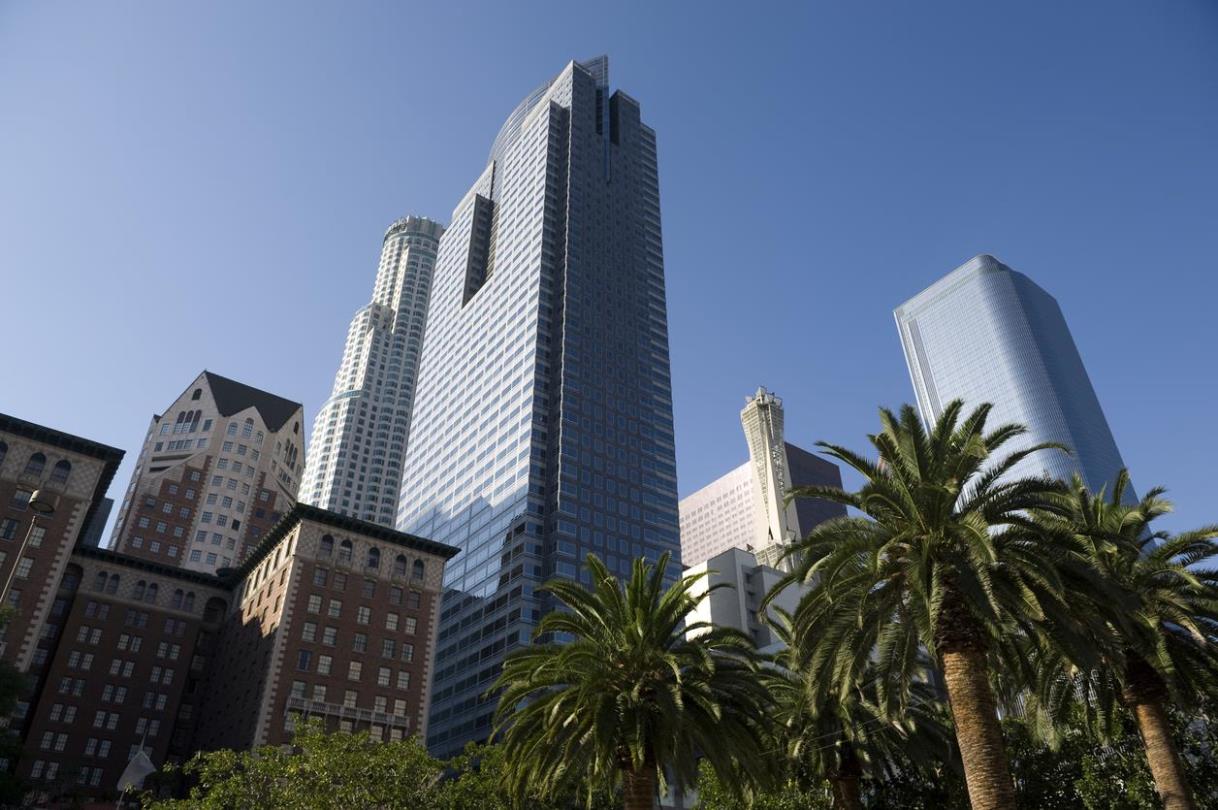 Los Angeles highrise skyline with palm trees